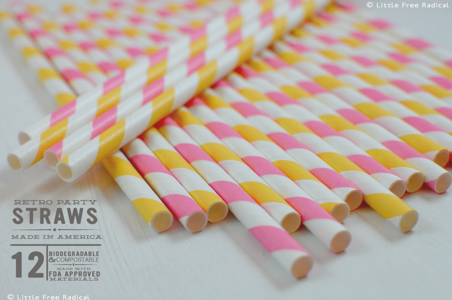 Yellow and Pink Paper Stripey Straws  12pk & Digital Flags - Party - Birthday - Baby Shower - Wedding - Lemonade Stand - LittleFreeRadical