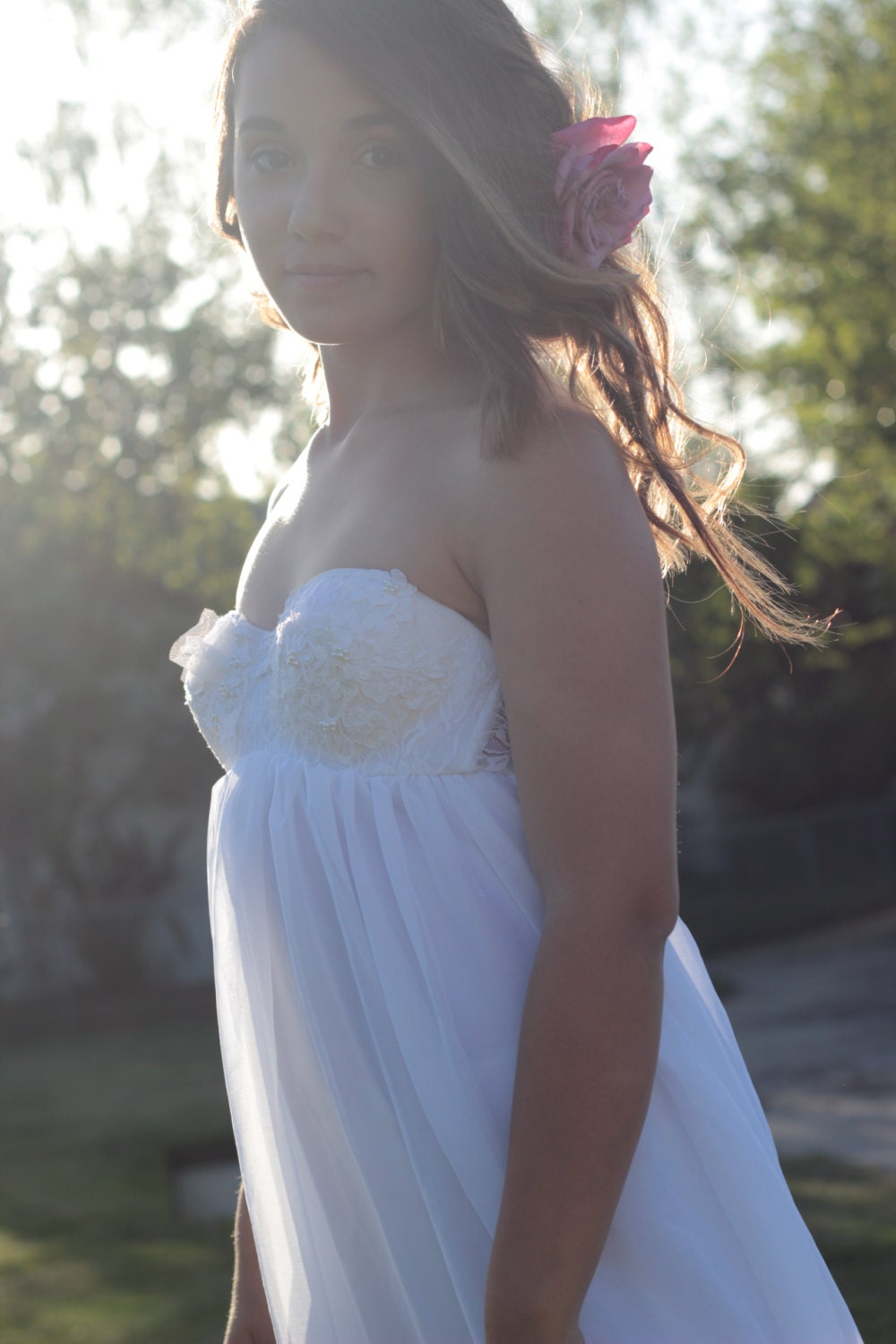 Wedding Dress  Soft Chiffon with Vintage lace Bodice Strapless Baby-doll  - Alora Gown SAMPLE SALE