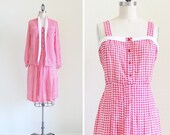 Vintage Sundress . Houndstooth Dress . Pleated Summer Dress . Button Front Dress and Jacket Set . size Medium