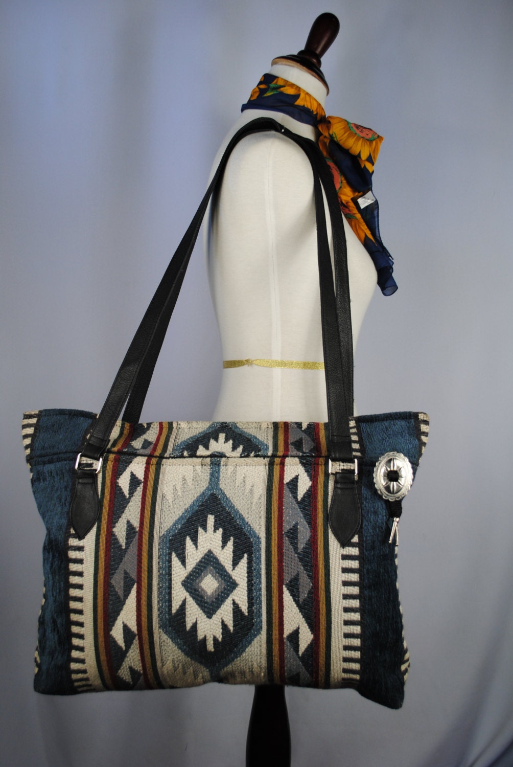 Vintage SOUTHWESTERN Tapestry TOTE with Black LEATHER Handles.