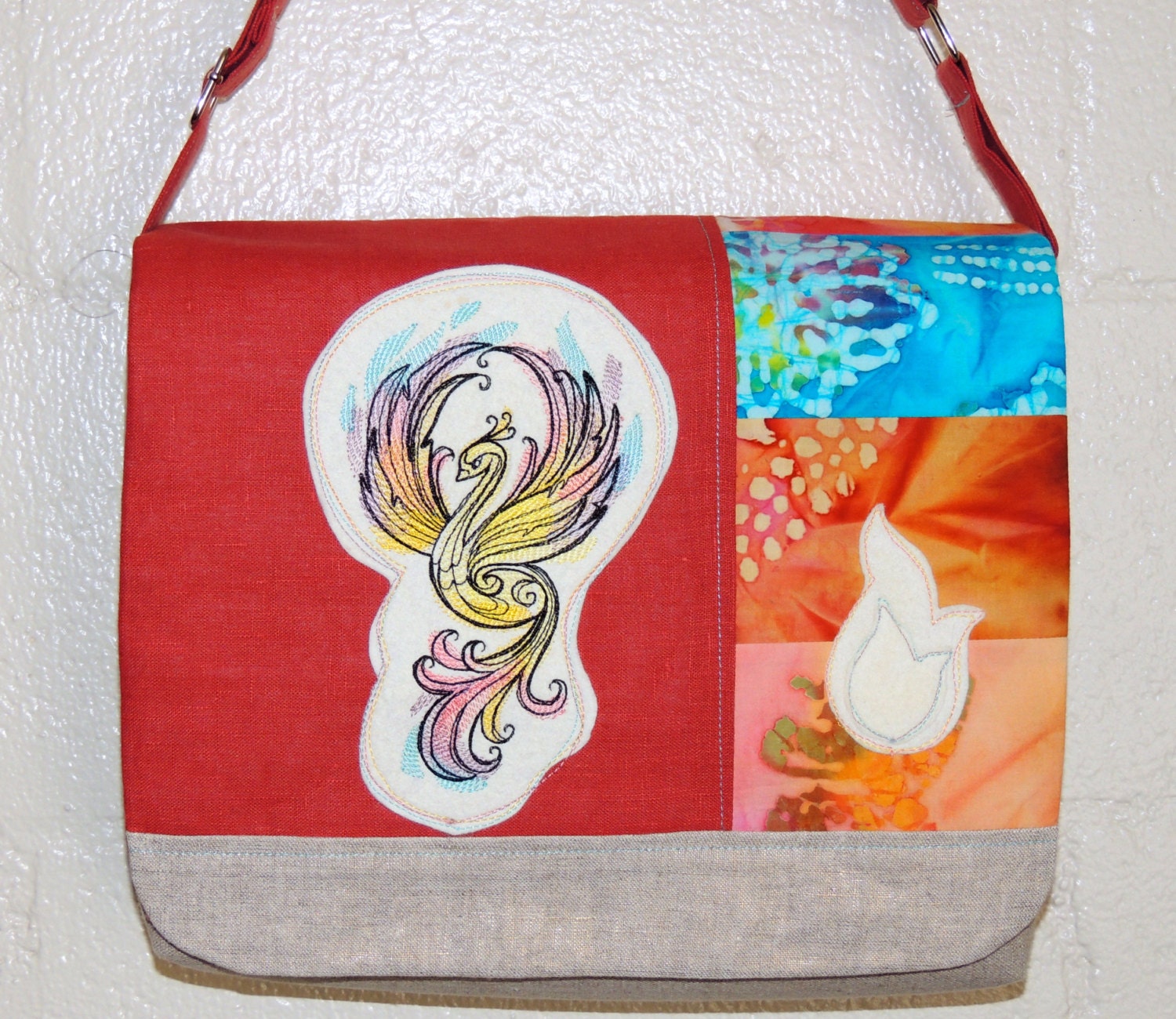 Firebird Embroidery Linen Batik Patchwork Messenger Bag