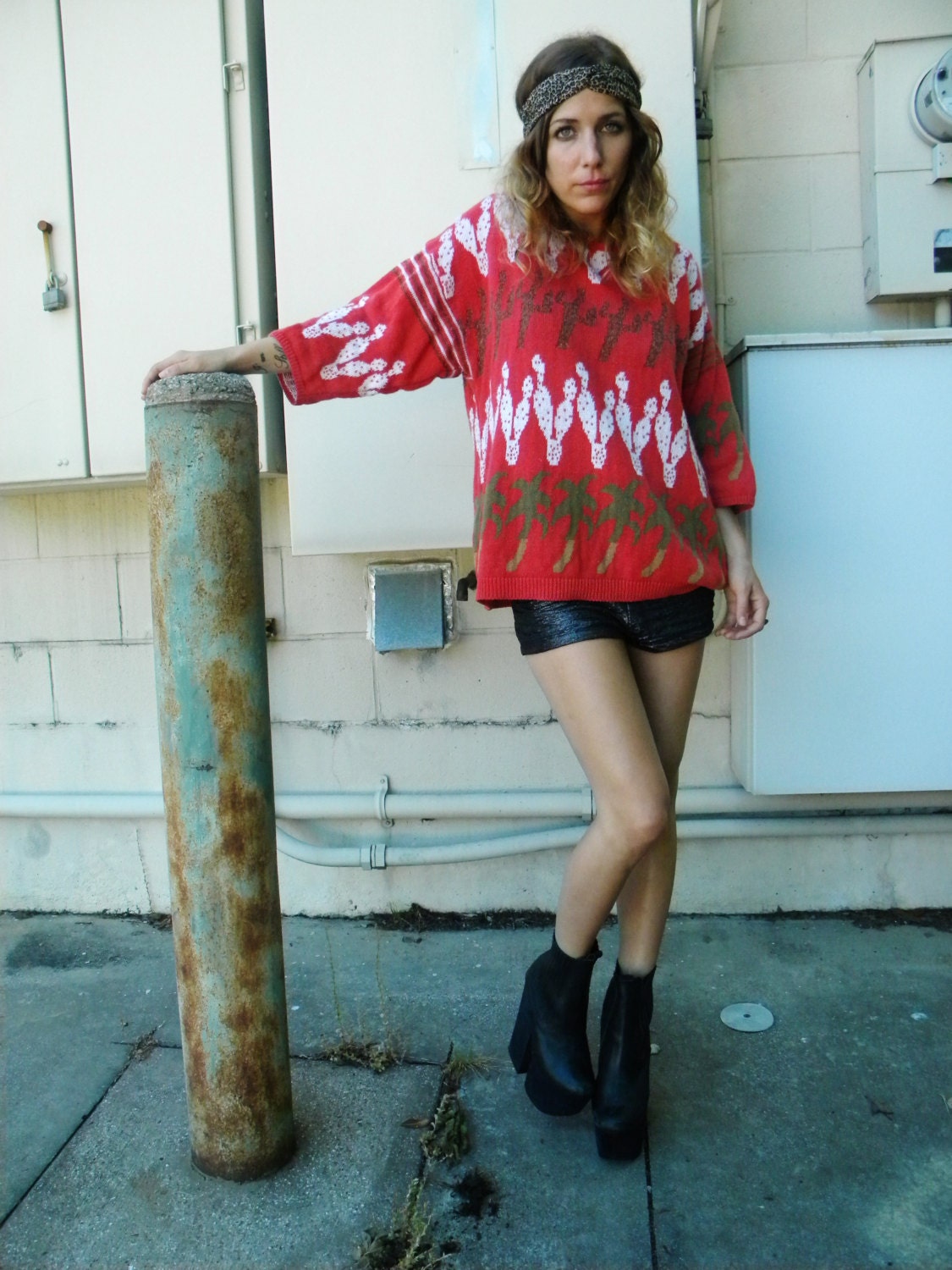 CACTUS print terra cotta OVERSIZE cotton blend sweater. BOLD summer girl top. nature southwestern hippie top.