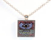 Owl Silver Charm Glass Pendant Necklace,  Purple Owl Jewelry,  Picture Pendant Photo Pendant Handcrafted Jewelry  International Shipping