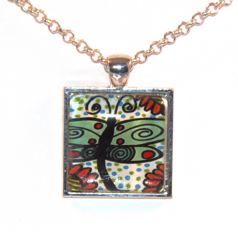 Dragonfly Silver Charm Pendant,  Glass Tile Pendant Necklace Glass Art Jewelry  Pendant Handcrafted Jewelry by Celia Currin