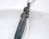 Royal Teal Blue Moss Kyanite Necklace in Sterling Silver with Peridot - Wire Wrapped Rare Gemstone, Spring Fashion 2013, Unique, For Her