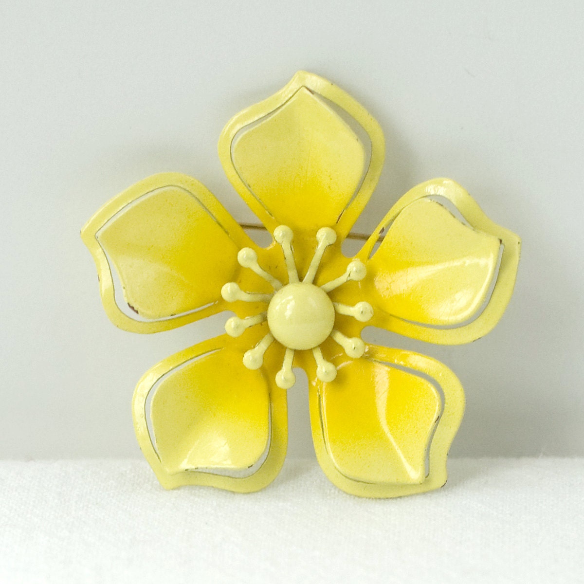 Vintage Yellow Enameled Metal Flower Pin