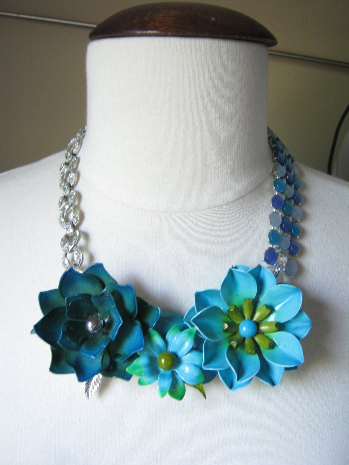 Statement Necklace, Wedding Necklace, Vintage Enamel Flower,  Upcycled,  Silver, Thermoset, Blue, Green, Turquoise, OOAK - Teal  Garden