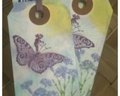 Pixie Fairy Butterfly Handmade Gift Tags Purple Blue Flowers Yellow Sunshine Glittery Heavyweight White Card Stock  Set of 6