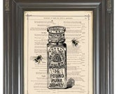 BOGO SALE Honey jar Bees insects Yellow printed as dictionary page art print on old antique recycled dictionary book page.  Item No. 573