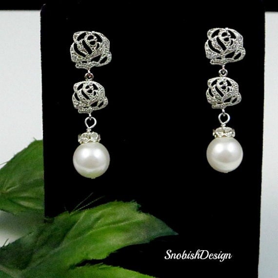 Wedding Earrings, Cubic Zirconia and Swarovski Pearl Rose Earrings, Long Dangle Earrings, CZ Earrings, Bride, Bridal Jewelry, Post Earring
