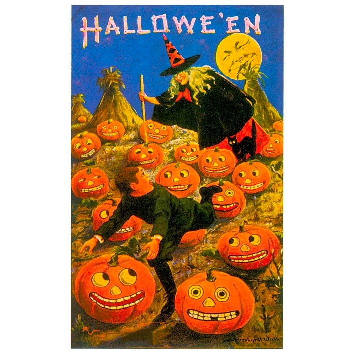 Vintage Witch with Pumpkins, handcut wooden jigsaw puzzle,  8" x 13", 150-200 pieces