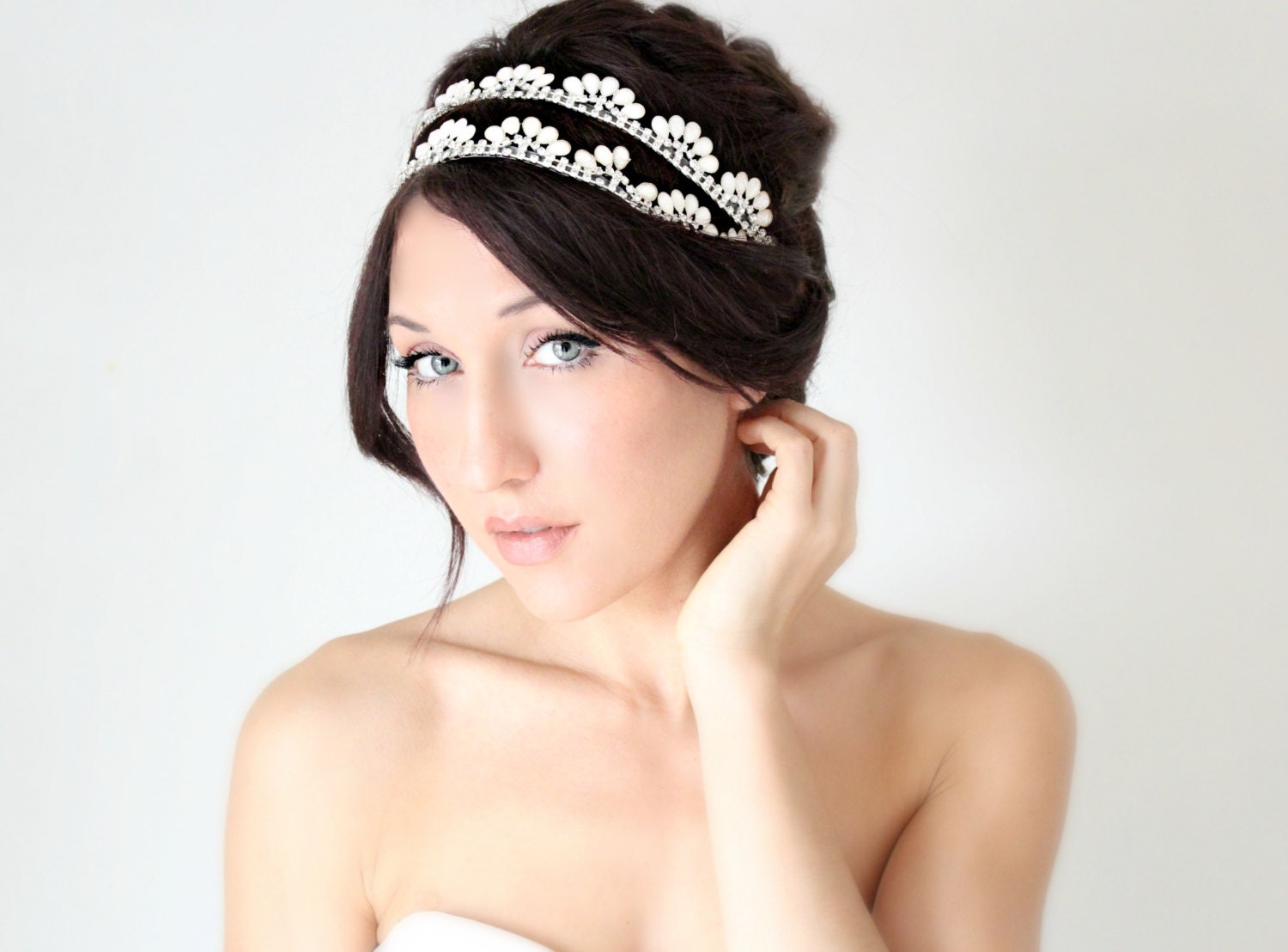 Bridal Headband, Whimsical Romance, Crown, White Pearl Rhinestone, Bridal Hair,Tiara, wedding accessory, bridal headpiece - Le Neige - -