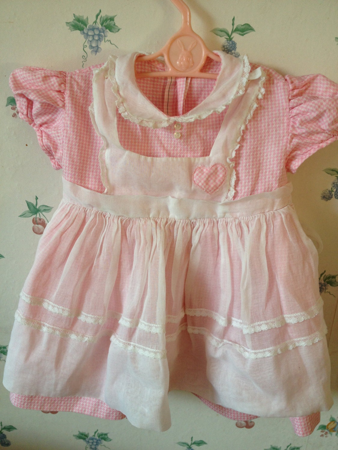 Vintage pink dress with white pinafore,Peter Pan collar, size 12-18 months