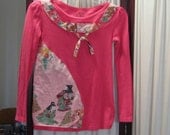 Reconstructed Recycled EcoFriendly Girls' LS Top  Sz L Cool Pink with Light Pink Multi from Asian Oriental Indian Kimono