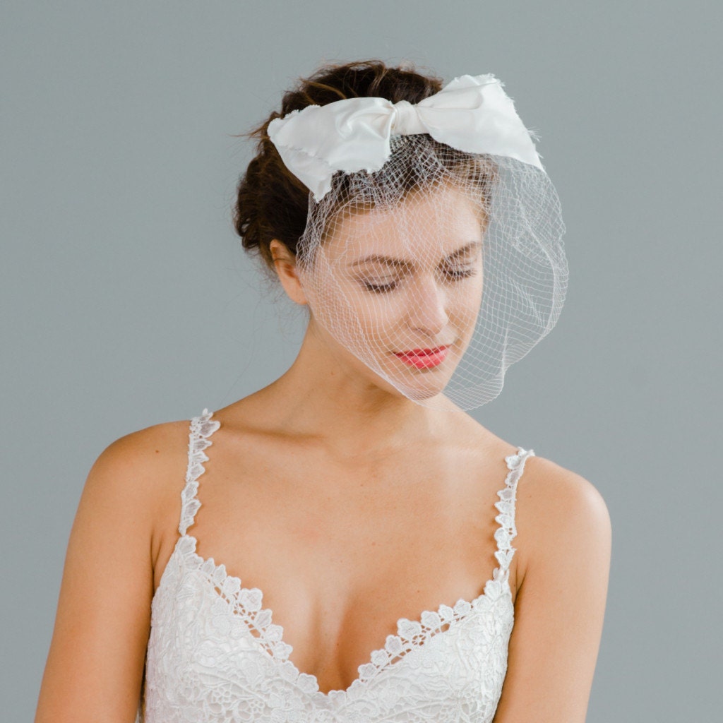Birdcage Veil Fascinator with Vintage Veiling and Silk Bow