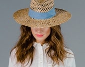 Straw Fedora Sun Hat with Open Weave Wide Brim and Chambray Hat Band