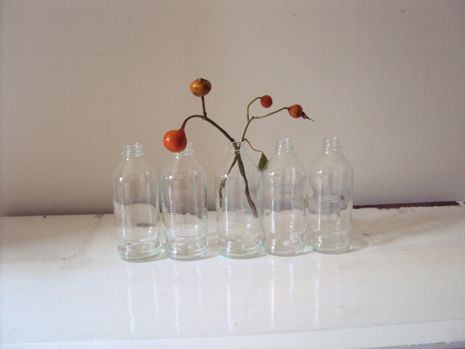 Five upcycled industrial, apothecary bottles. Great for weddings / restaurant decor.