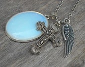 Charm Necklace, Moonstone Necklace, Moonstone Crystal Necklace, Crystal Necklace, Cross Necklace, Wing Necklace, Moonstone Pendant,