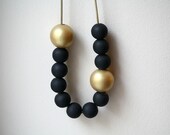 Black Tie Affair Statement Necklace / Hand Painted Wooden Beads / Black and Gold with Gold Leather / Adjustable Length