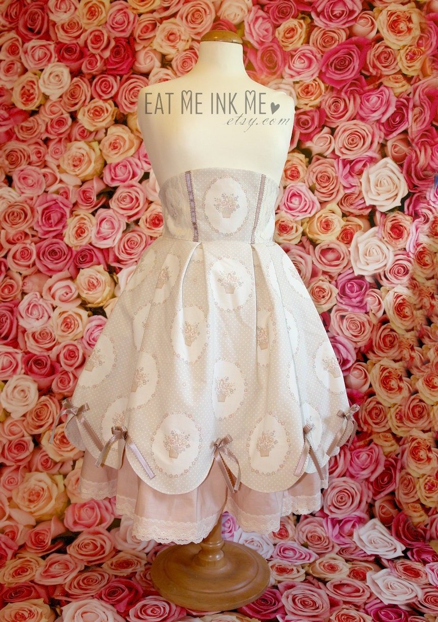Flower Bouquet cameo print scallop lolita skirt with polka dots and bows