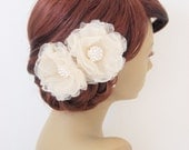 Pair of Couture Anemone Organza Flower Fascinators : F096 made to order, white, diamond white/light ivory, champagne
