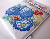 iPad sleeve 1940s vintage fabric - hand embroidery gadget case - retro floral red blue green yellow repurposed cotton tablecloth garden