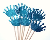 24 Glittered Royal Blue Crown Party Picks, Toothpicks, Food Picks, Cupcake Toppers - No268