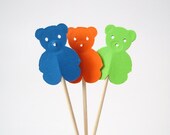 24 Orange Blue Green Teddy Bear Party Picks, Toothpicks, Food Picks, Cupcake Toppers - No606