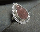Pear Shaped Natural Druzy Ring, size 7 and a half, recycled sterling silver, pink brown druzy crystal ring, teardrop, OOAK, cocktail ring