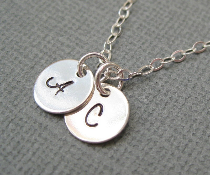 Friendship necklace, hand stamped initial jewelry, two charm necklace, personalized mothers necklace, best friends