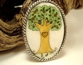 Hand painted tree with heart pendant necklace,wearable whimsical art jewelry large oval silver,with bead and charm