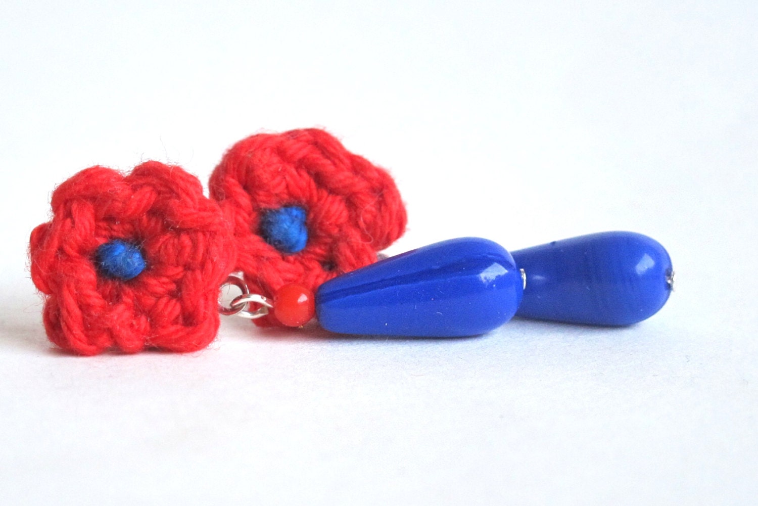 blue red crocheted flower with glass and gem beads
