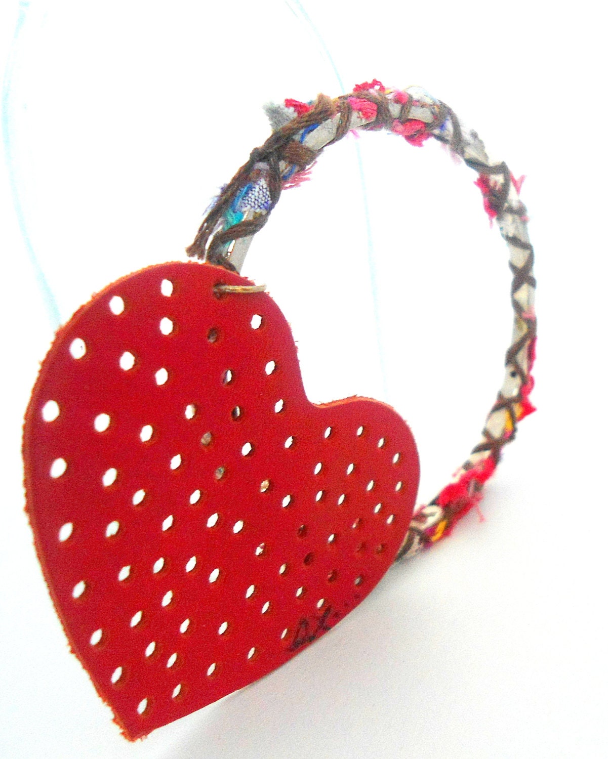 red heart bracelet- pierced jewelry- eco friendly jewels for her- handmade gift- valentines gift . Dangle heart- romance- bohemian