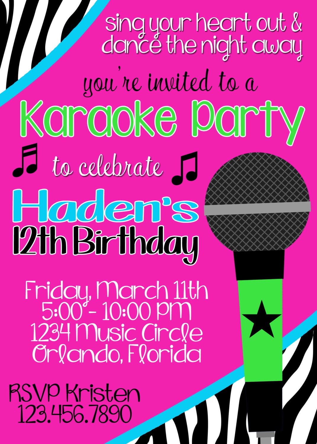 Karaoke Hot Pink & Zebra Girl's Birthday Party 5x7 Invitation - Printable Il_170x135