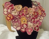 Flower Bib Necklace, Spring Statement Neck Piece, Bouquet of Antique Crochet Flowers with pearl centers.