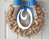 Burlap Wreath - Monogram & Blue Bow - Wedding Gift, Baby Wreath, Front Door Wreath, Summer Wreath, Initial Wreath, Home Decor