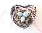 Heart Bird Nest with Eggs wedding gift wedding decor heart nest rustic shabby chic home decor robins egg blue wire nest