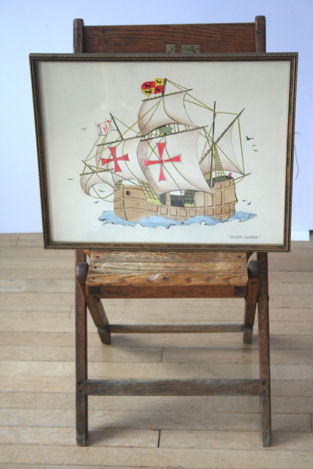 Vintage hand drawn Ship Painting: Santa Maria 1950s