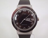 Vintage 1977 Black/Purple Checkboard Dial Silvertone Timex Manual Wind Men's Watch W/Sweep Second, Day, Date Window W/Original HiFi Band