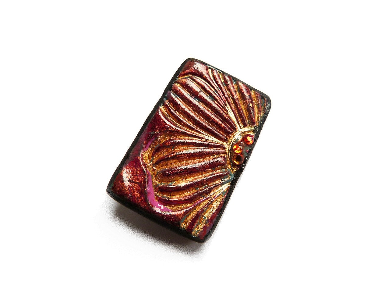 FLOWER Art Brooch - Baroque -  one of a kind - polymer clay - copper gold purple orange black - with orange strass - bohemian gypsy