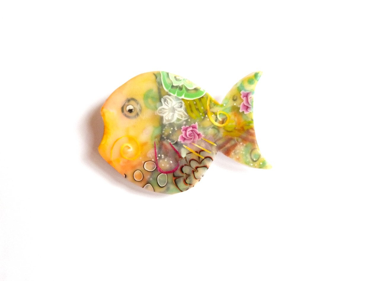 Fish Brooch  GLOUP the Fish - polymer clay artisan made jewelry - pink ROSES - fish collectibles