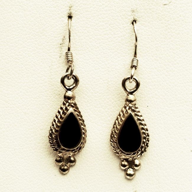 Vintage Black Onyx Handmade Sterling Silver Dangling Teardrop Earrings (V352)