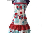 retro apron- aqua, red and white full apron-ruffled chef apron- monogramming avail for purchase-one size