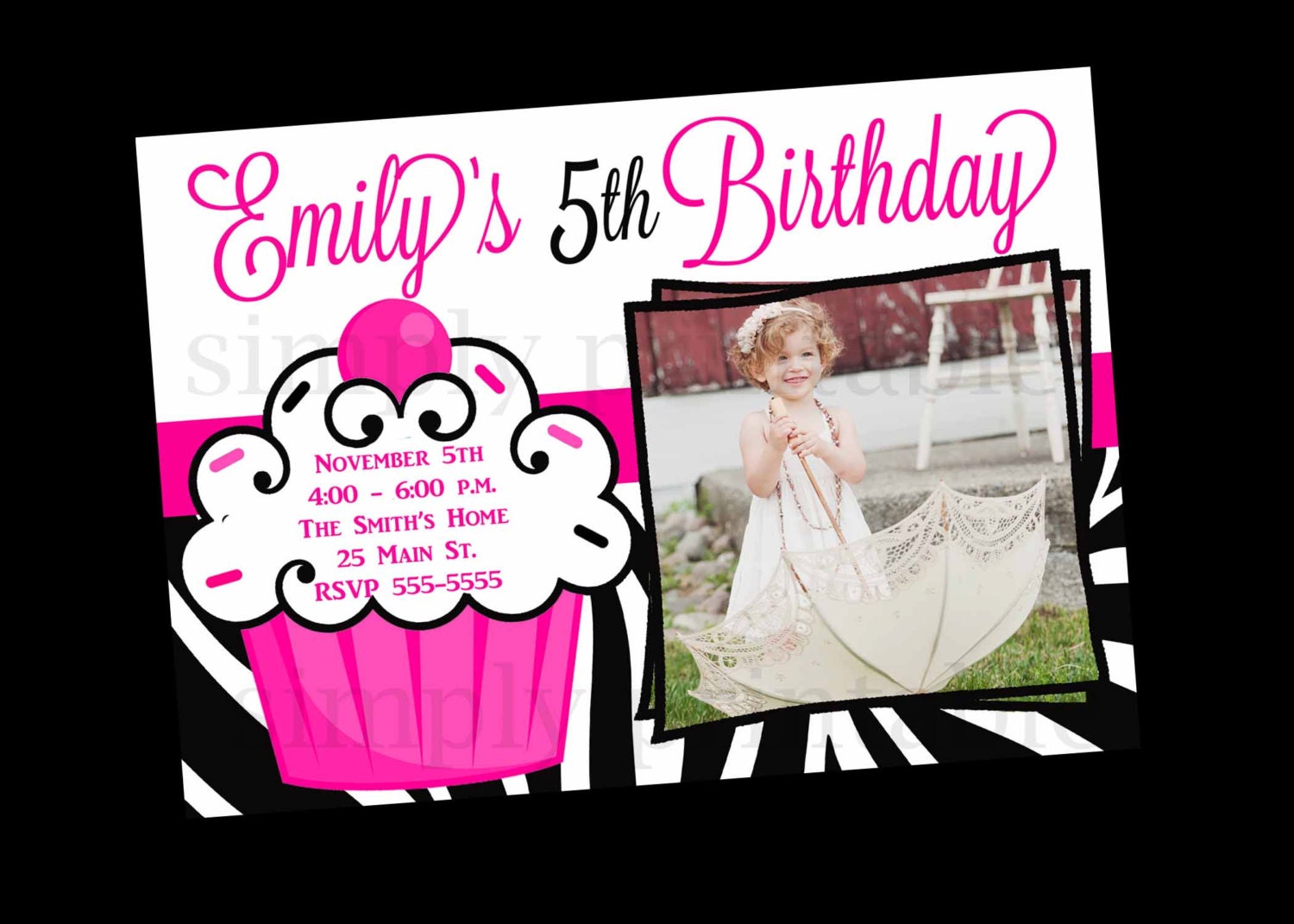 Zebra Stripe Cupcake Birthday Invitation with Photo Il_170x135