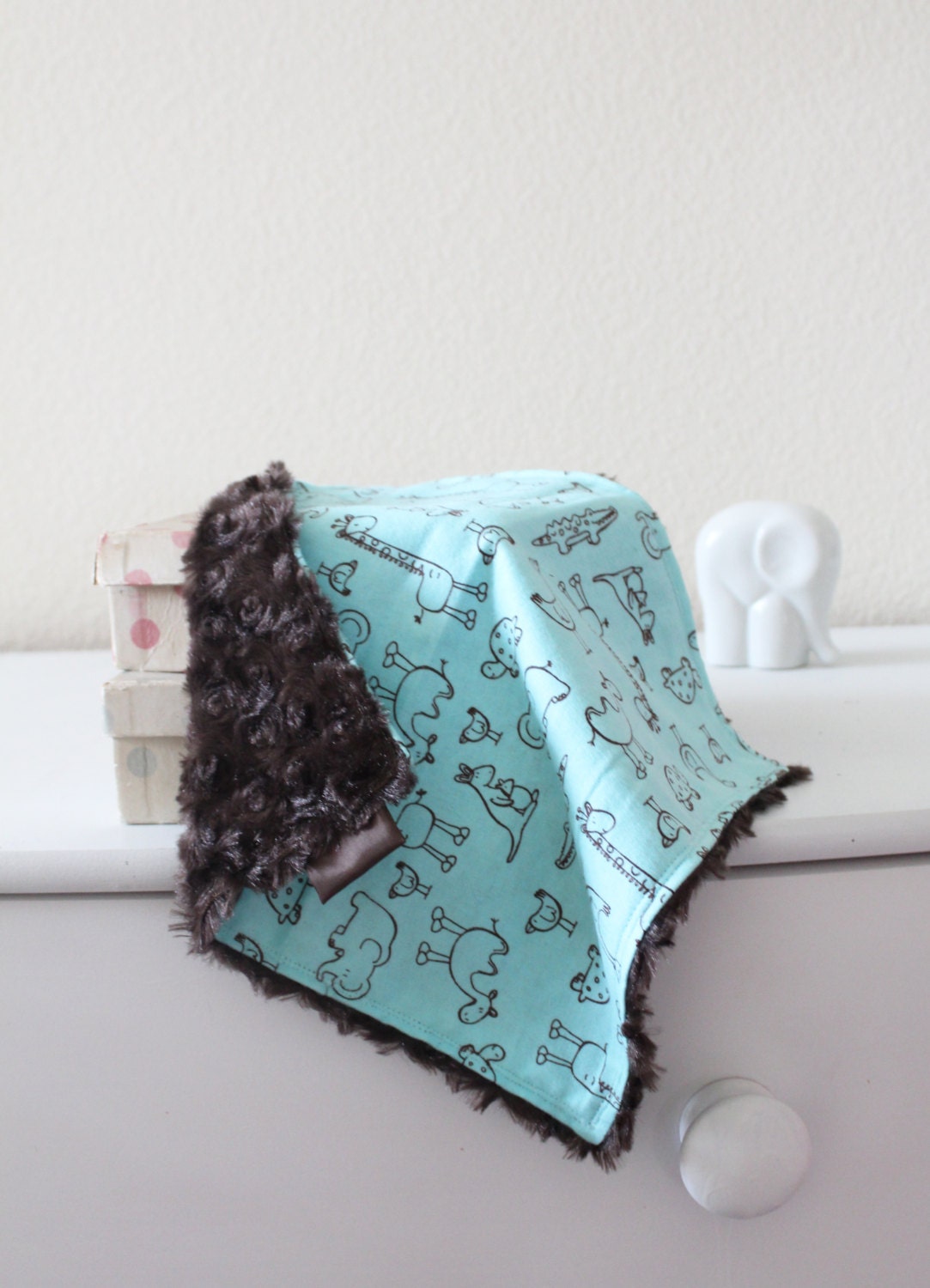 Blue and Brown cartoon Zoo Animals with Brown swirl faux fur mini blanket