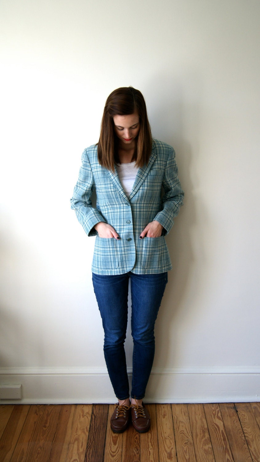 Vintage Pendleton Jacket. 70s Plaid Wool Blazer. Turquoise / Teal / Mint. Fitted Jacket. Medium.