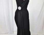1950s MR. BLACKWELL Stunning Black Hourglass Evening Gown with Rhinestone Detail