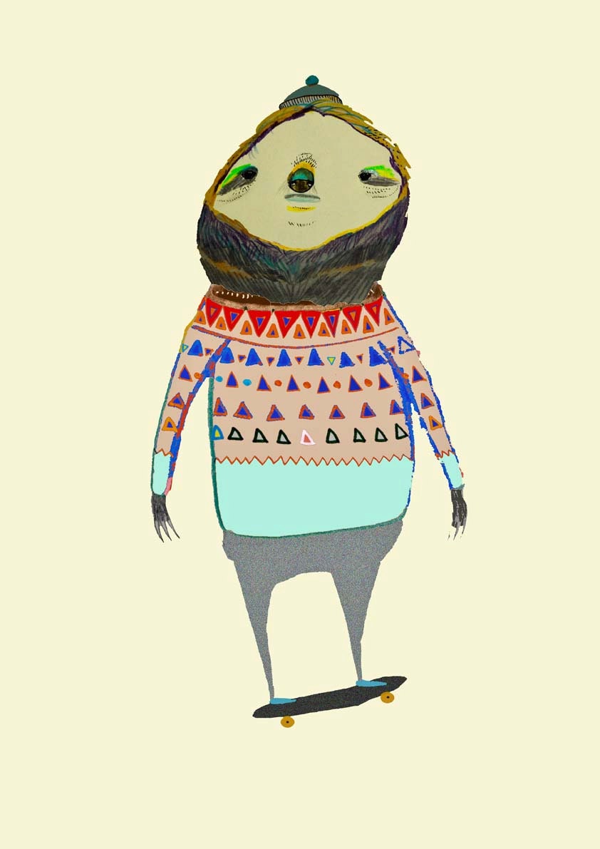 Skateboarding Sloth. Limited edition Art print by Illustrator Ashley Percival.kids prints.