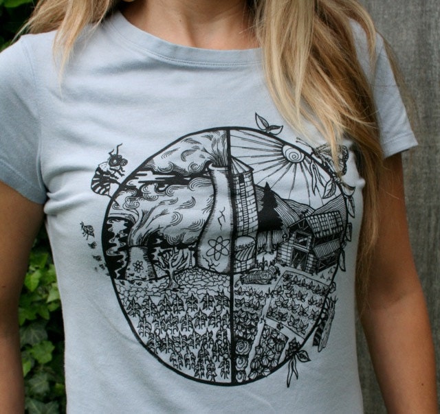 No Monoculture Buy Organic No GMO Women's light blue bamboo screen print choose your size