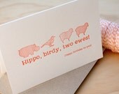 Letterpress birthday card in neon orange Hippo Birdy Two Ewes - Happy birthday to you, quirky fun animal card.